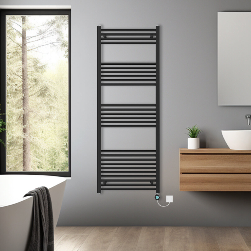 (Black, 1600x600mm) Pre-filled Bathroom Straight Electric Heated Towel Rail Radiator Thermostatic