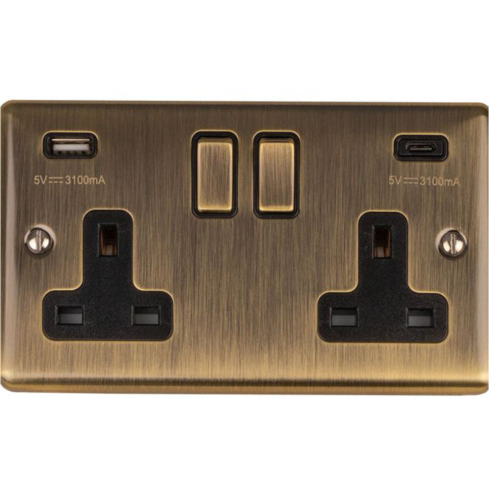 2 Gang Double Uk Plug Socket & Dual 3.1A Usb-C Usb-A Antique Brass 13A Switched 5056581966322