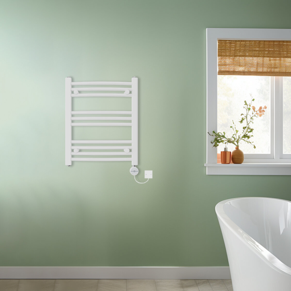 (White, 600x500mm) NRG Prefilled Thermostatic Electric Curved Heated Towel Rail Radiator