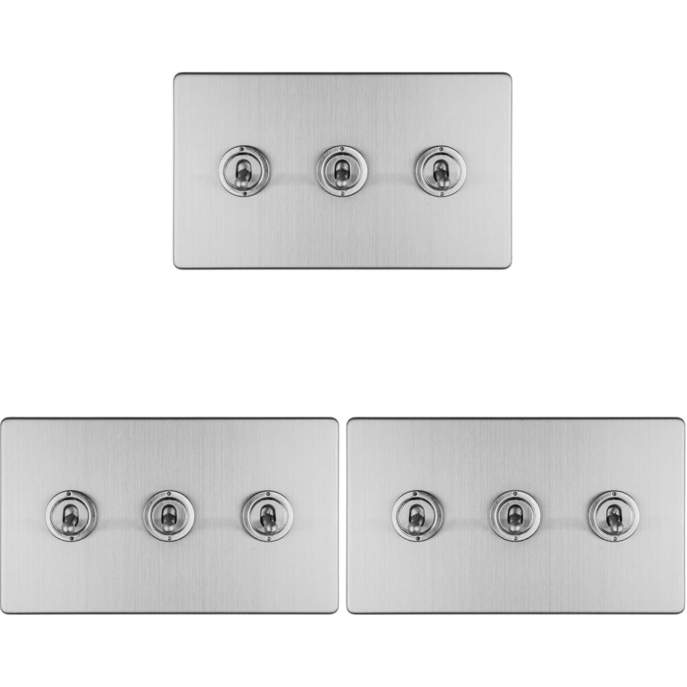 3 Pack 3 Gang Triple Retro Toggle Light Switch Screwless Satin Steel 10A 2 Way 5056581974495