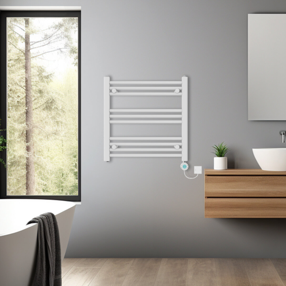 (White, 600x600mm) Pre-filled Bathroom Straight Electric Heated Towel Rail Radiator Thermostatic