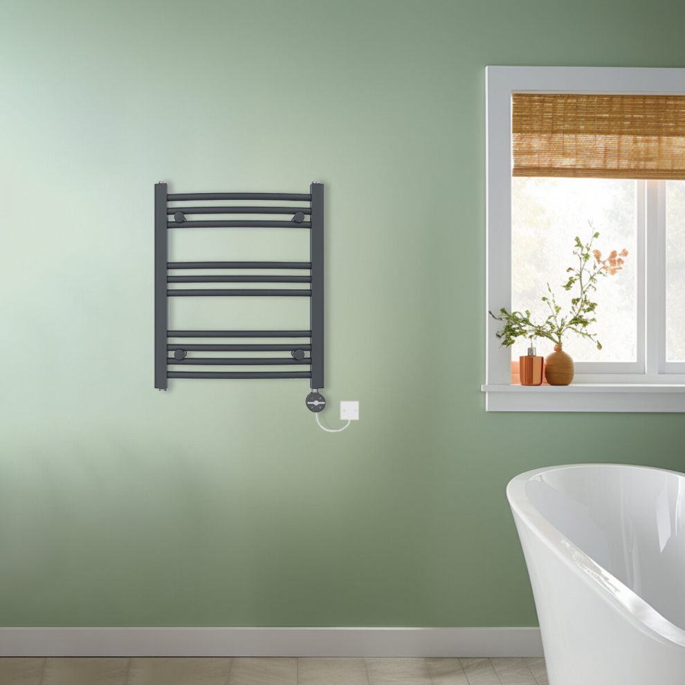 (Anthracite, 600x500mm) NRG Prefilled Thermostatic Electric Curved Heated Towel Rail Radiator