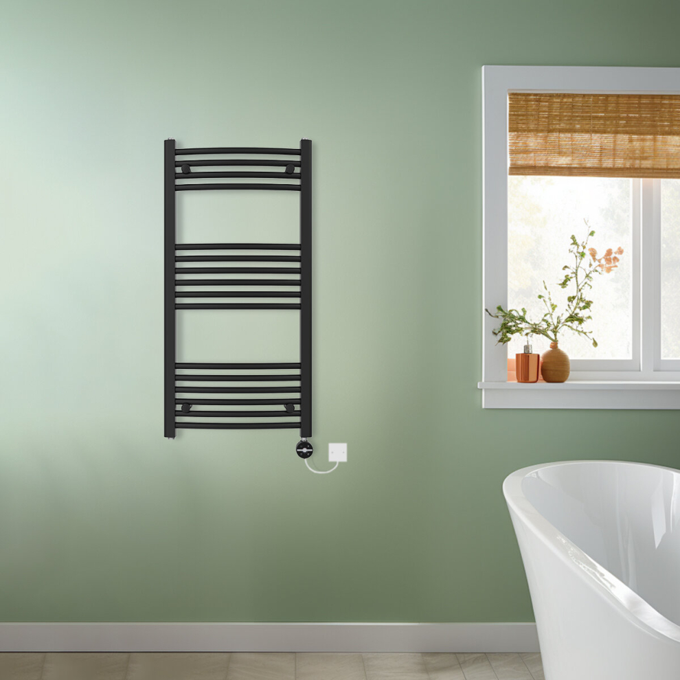 (Black, 1000x500mm) NRG Prefilled Thermostatic Electric Curved Heated Towel Rail Radiator