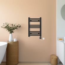 (Black, 600x400mm) NRG Prefilled Thermostatic Electric Straight Heated Towel Rail Radiator