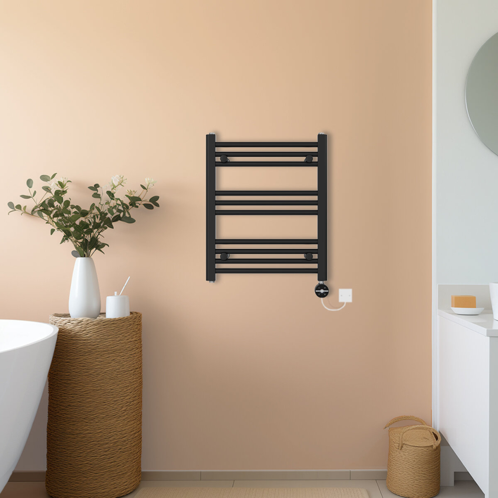 (Black, 600x500mm) NRG Prefilled Thermostatic Electric Straight Heated Towel Rail Radiator