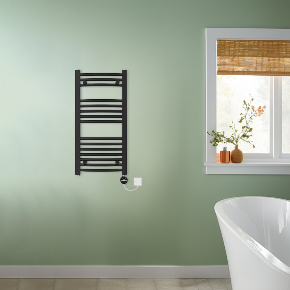 Nrg (, 800X400mm) Prefilled Thermostatic Electric Curved Heated Towel Rail Radiator Black