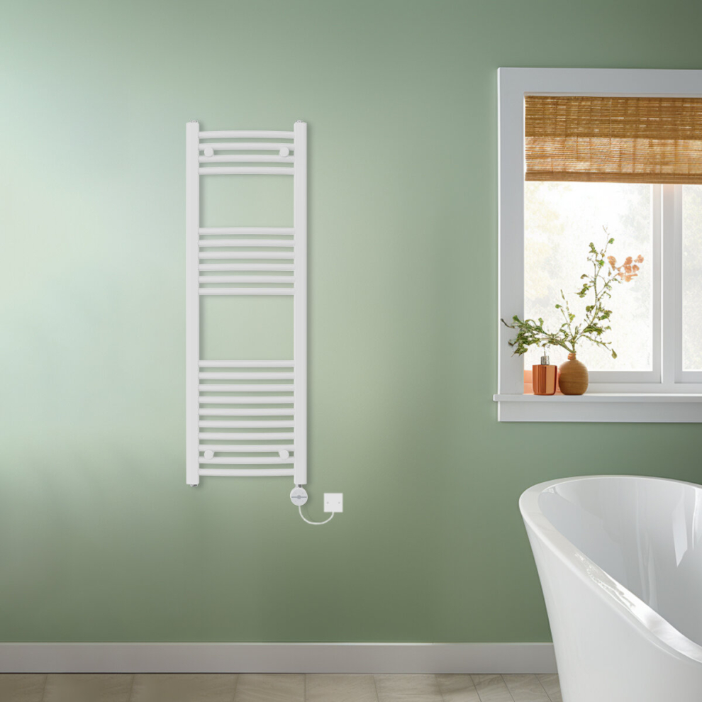 (White, 1200x400mm) NRG Prefilled Thermostatic Electric Curved Heated Towel Rail Radiator