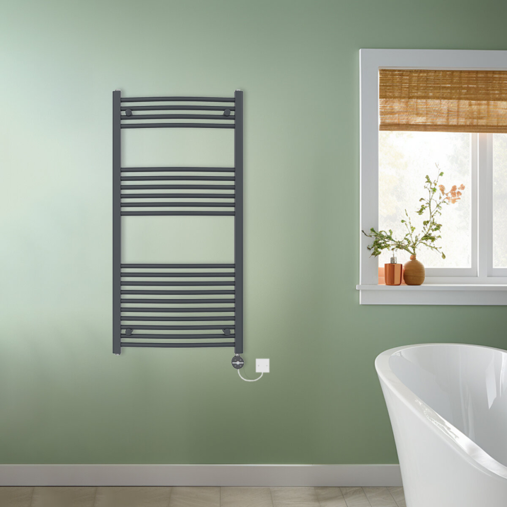 (Anthracite, 1200x600mm) NRG Prefilled Thermostatic Electric Curved Heated Towel Rail Radiator