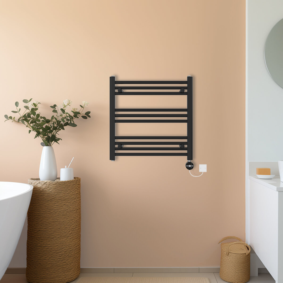 (Black, 600x600mm) NRG Prefilled Thermostatic Electric Straight Heated Towel Rail Radiator