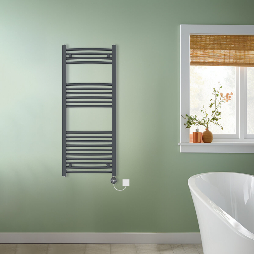 (Anthracite, 1200x500mm) NRG Prefilled Thermostatic Electric Curved Heated Towel Rail Radiator