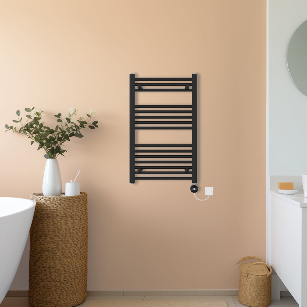 Nrg (Black, 800X500mm) Prefilled Thermostatic Electric Straight Heated Towel Rail Radiator