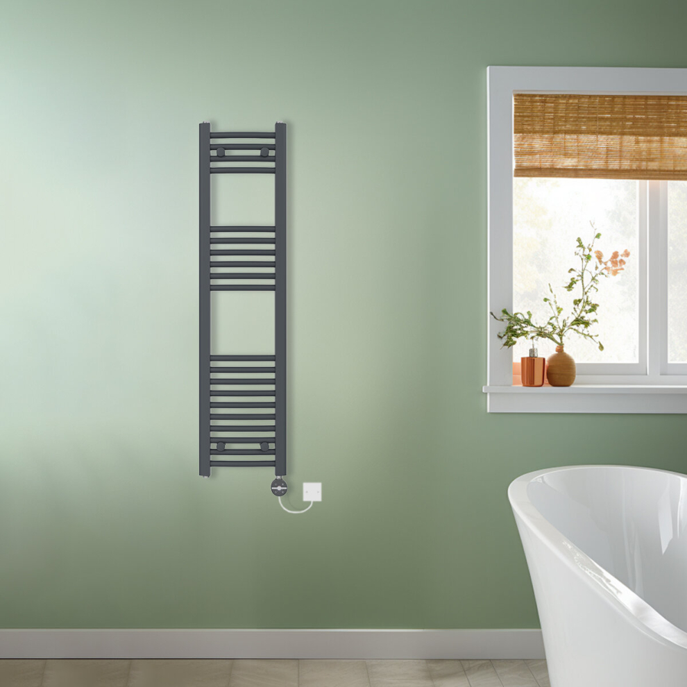 (Anthracite, 1200x300mm) NRG Prefilled Thermostatic Electric Curved Heated Towel Rail Radiator