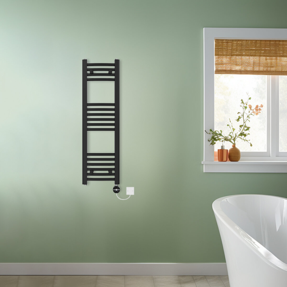 (Black, 1000x300mm) NRG Prefilled Thermostatic Electric Curved Heated Towel Rail Radiator