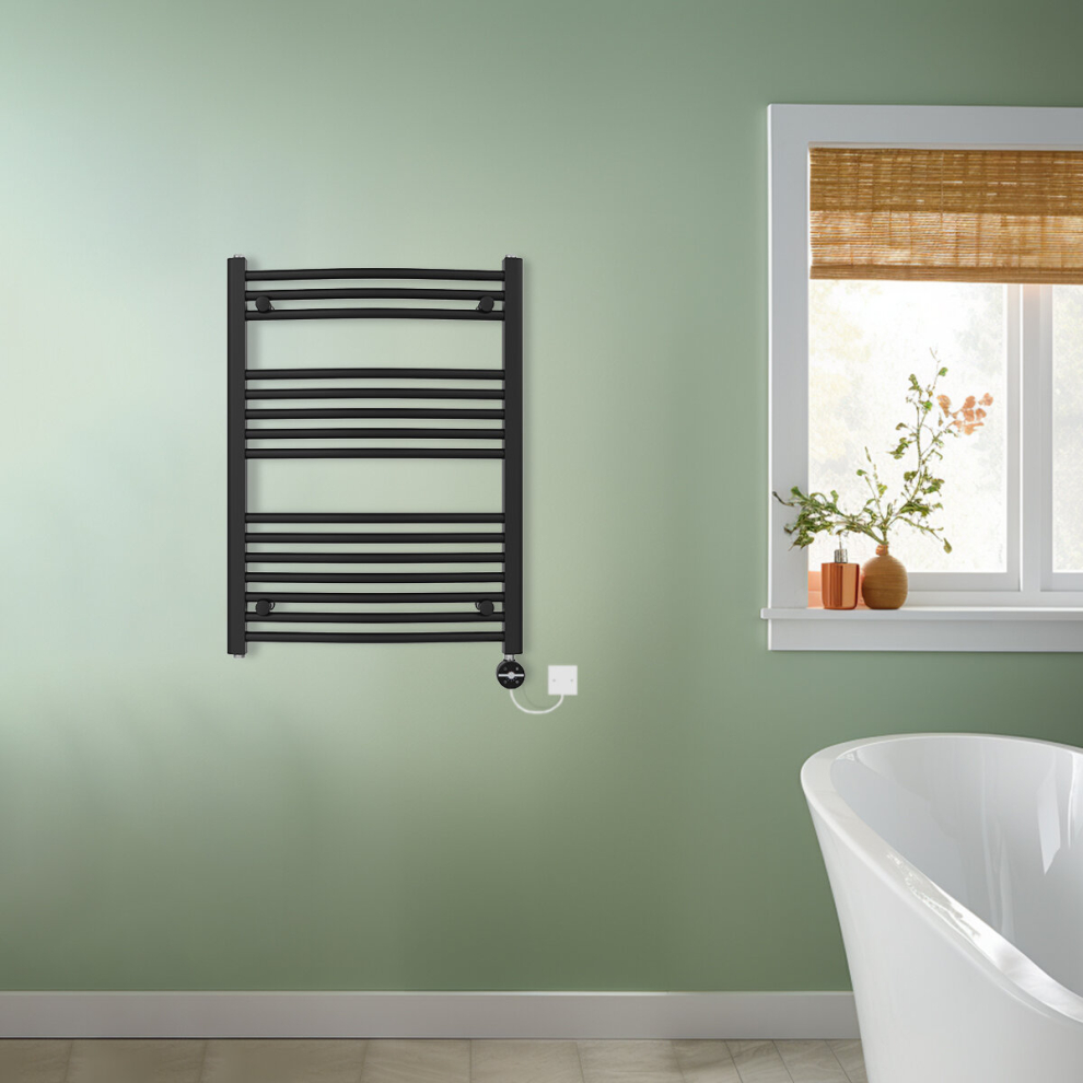 Nrg (, 800X600mm) Prefilled Thermostatic Electric Curved Heated Towel Rail Radiator Black