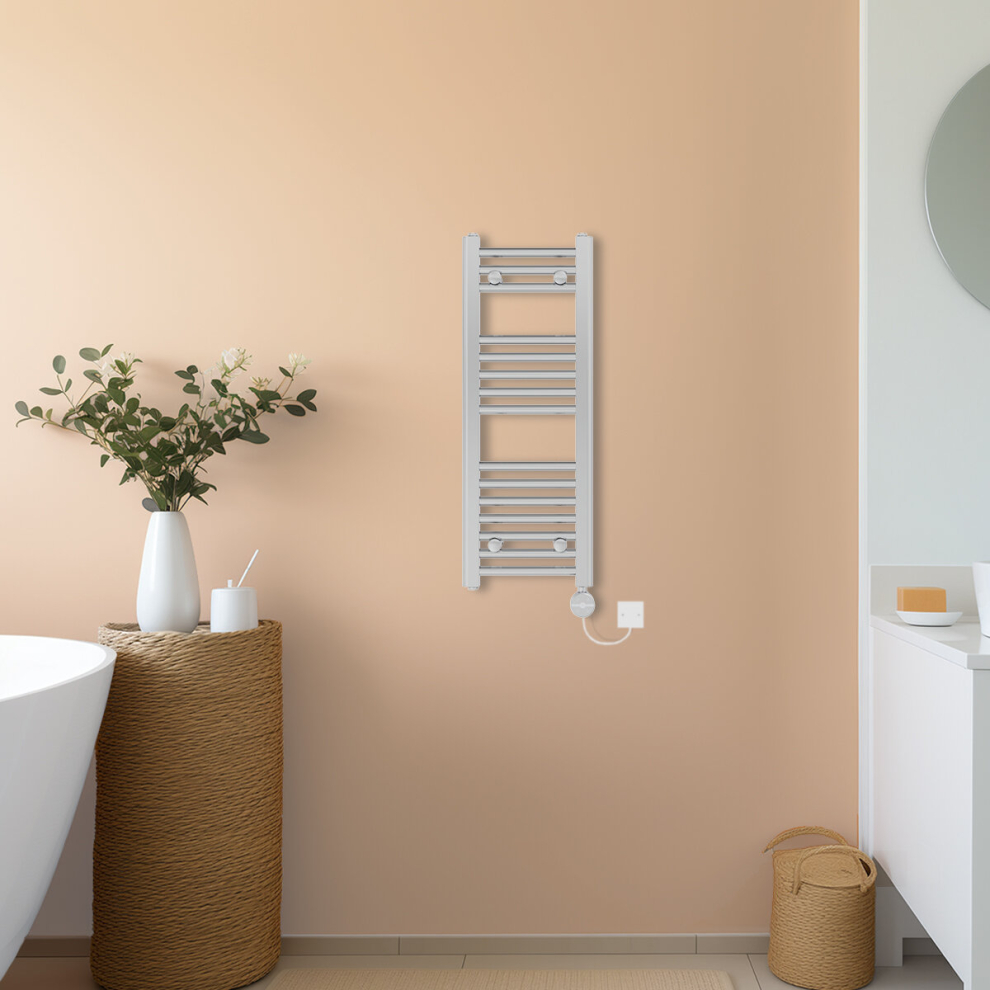 (Chrome, 800x300mm) NRG Prefilled Thermostatic Electric Straight Heated Towel Rail Radiator