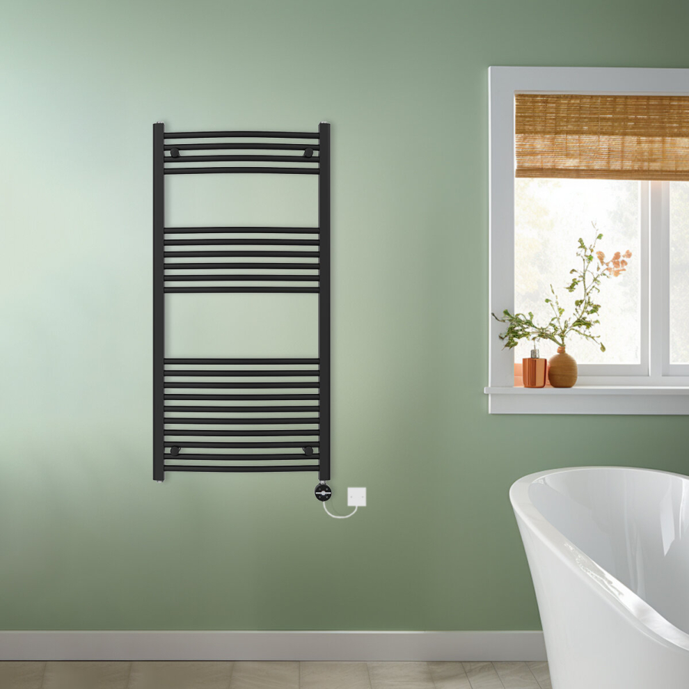 (Black, 1200x600mm) NRG Prefilled Thermostatic Electric Curved Heated Towel Rail Radiator