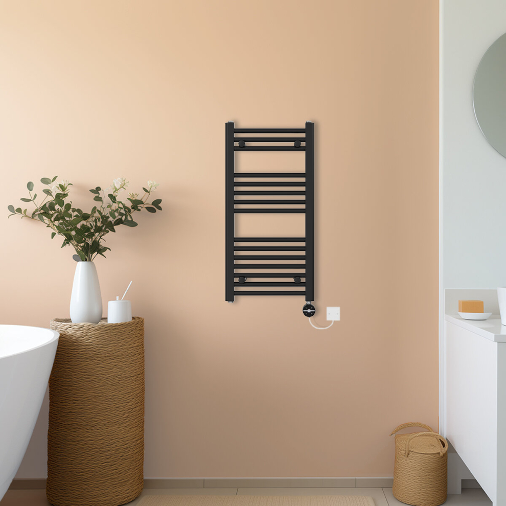 Nrg (, 800X400mm) Prefilled Thermostatic Electric Straight Heated Towel Rail Radiator Black
