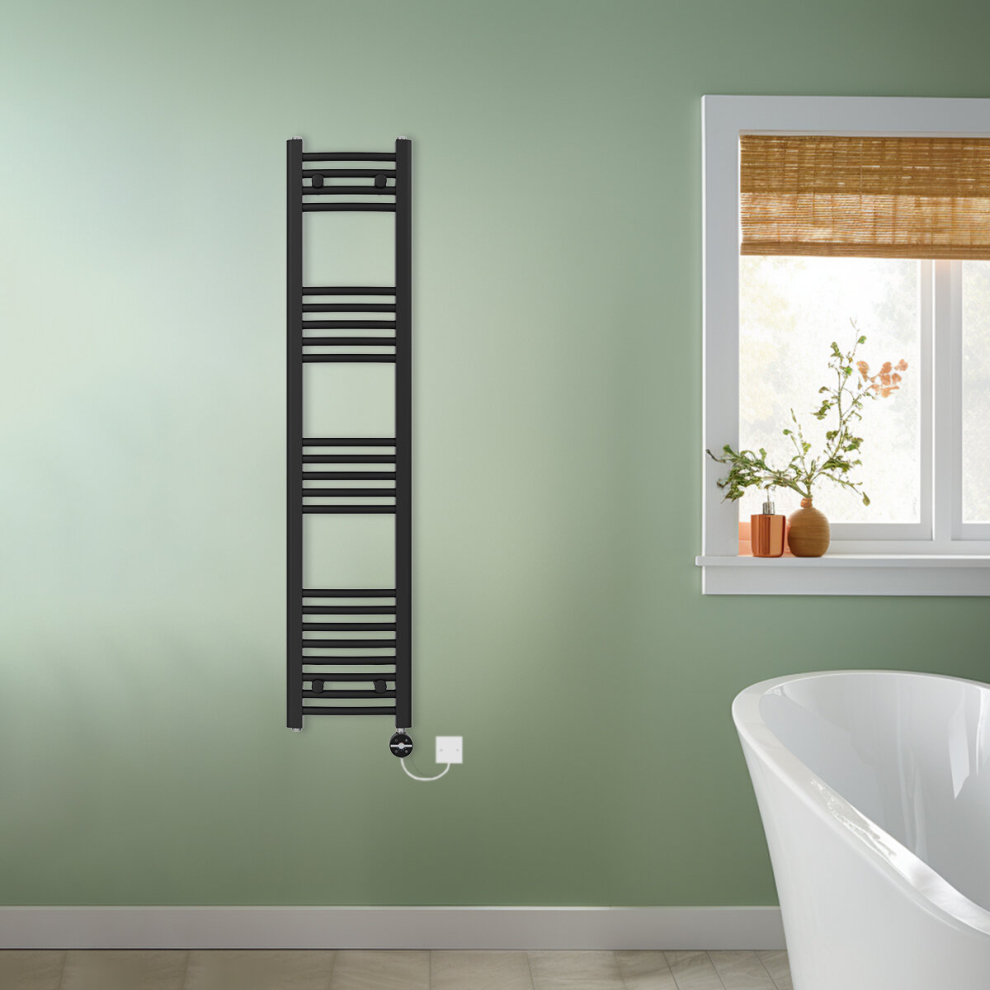 (Black, 1400x300mm) NRG Prefilled Thermostatic Electric Curved Heated Towel Rail Radiator