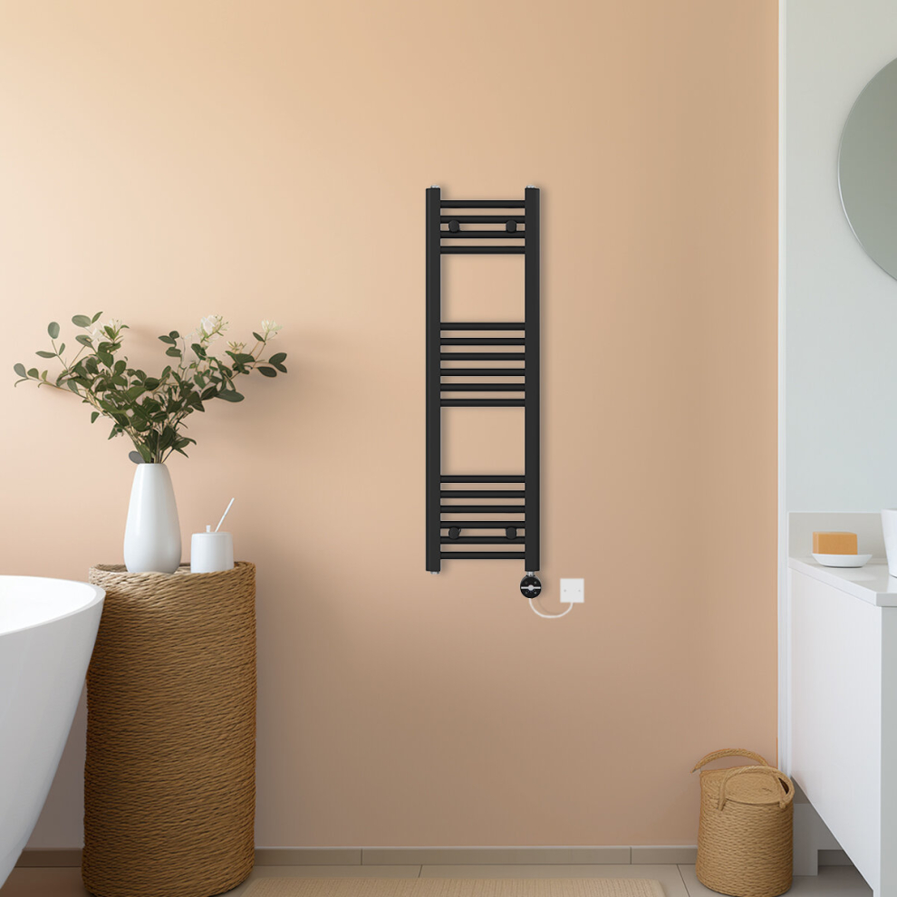 (Black, 1000x300mm) NRG Prefilled Thermostatic Electric Straight Heated Towel Rail Radiator