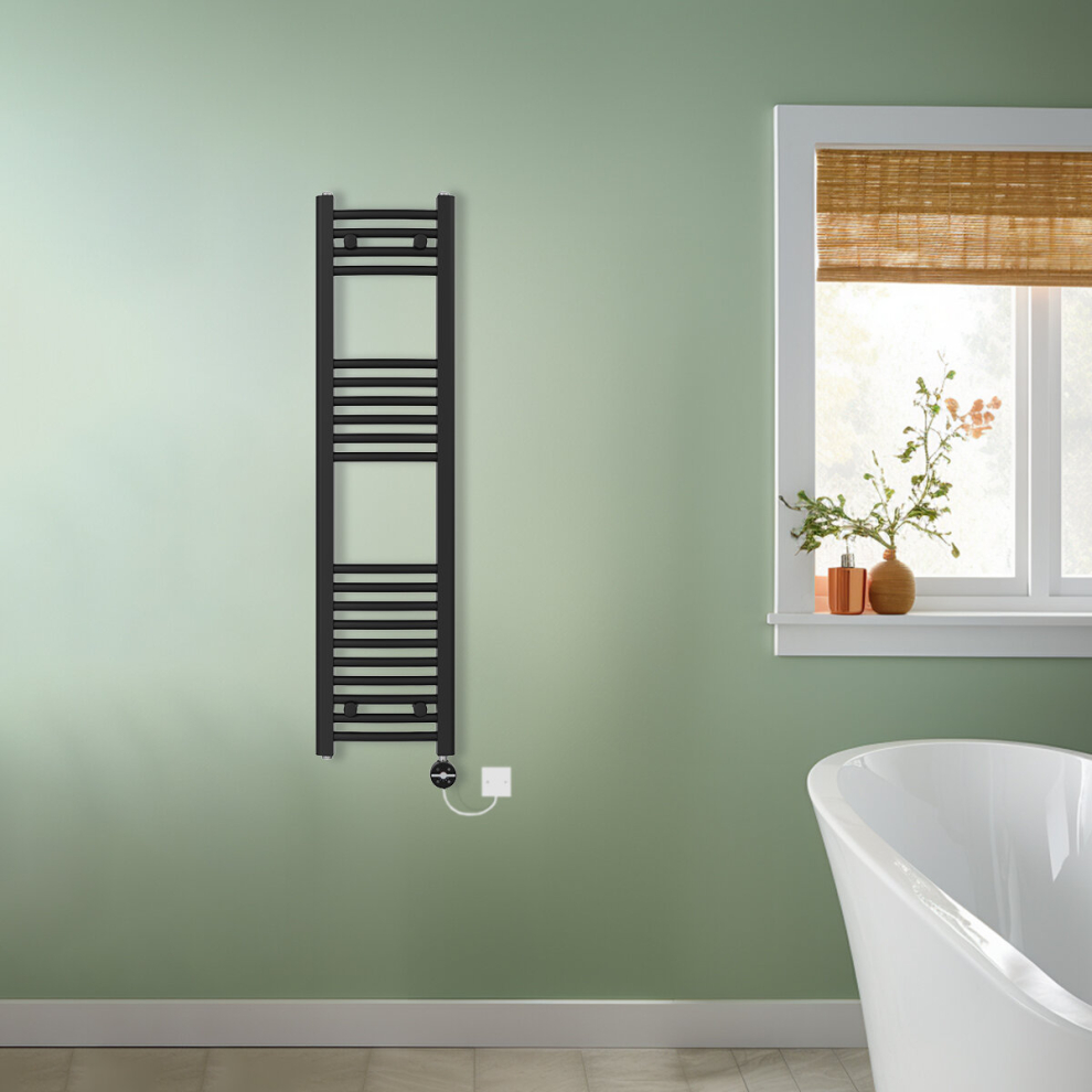 (Black, 1200x300mm) NRG Prefilled Thermostatic Electric Curved Heated Towel Rail Radiator