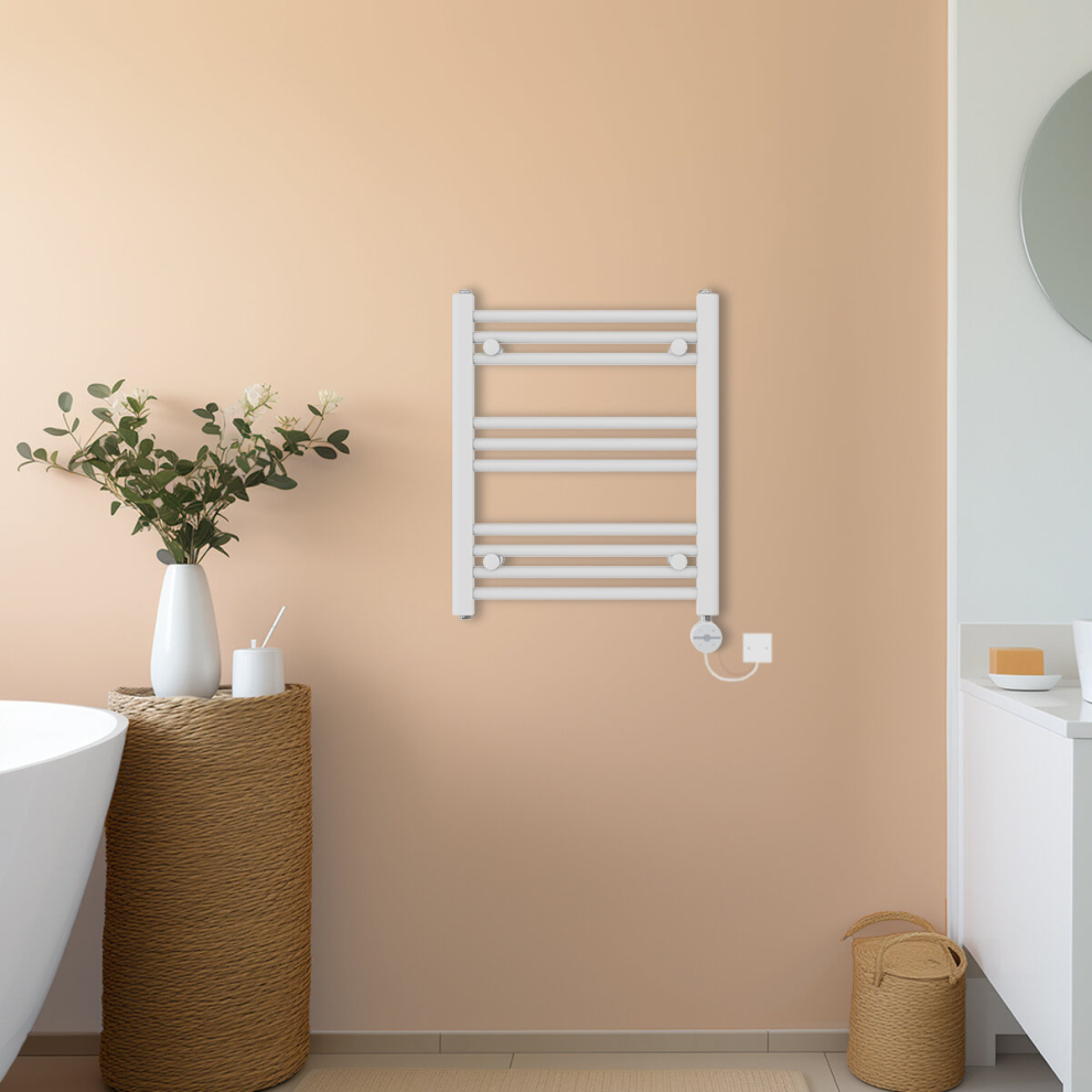 (White, 600x500mm) NRG Prefilled Thermostatic Electric Straight Heated Towel Rail Radiator