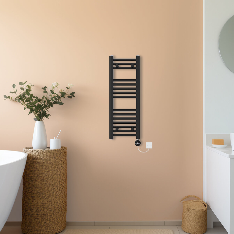 (Black, 800x300mm) NRG Prefilled Thermostatic Electric Straight Heated Towel Rail Radiator