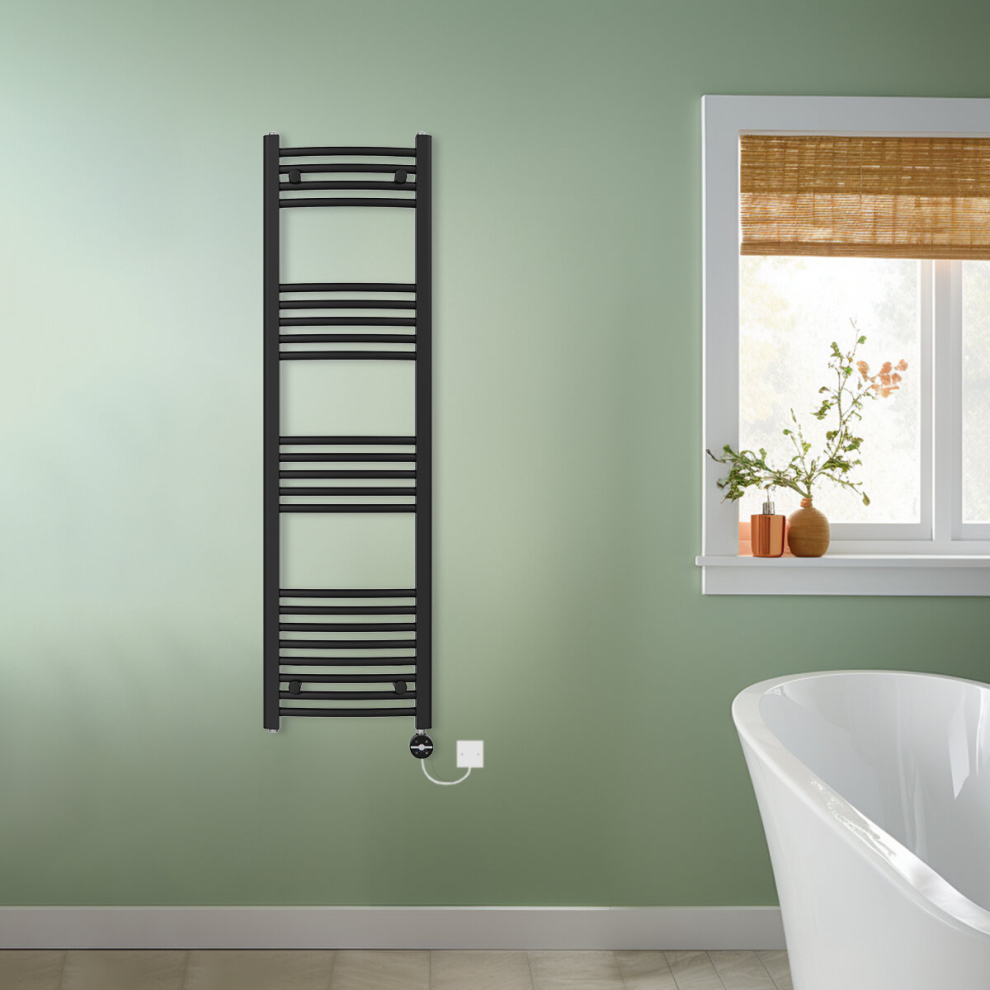 (Black, 1400x400mm) NRG Prefilled Thermostatic Electric Curved Heated Towel Rail Radiator