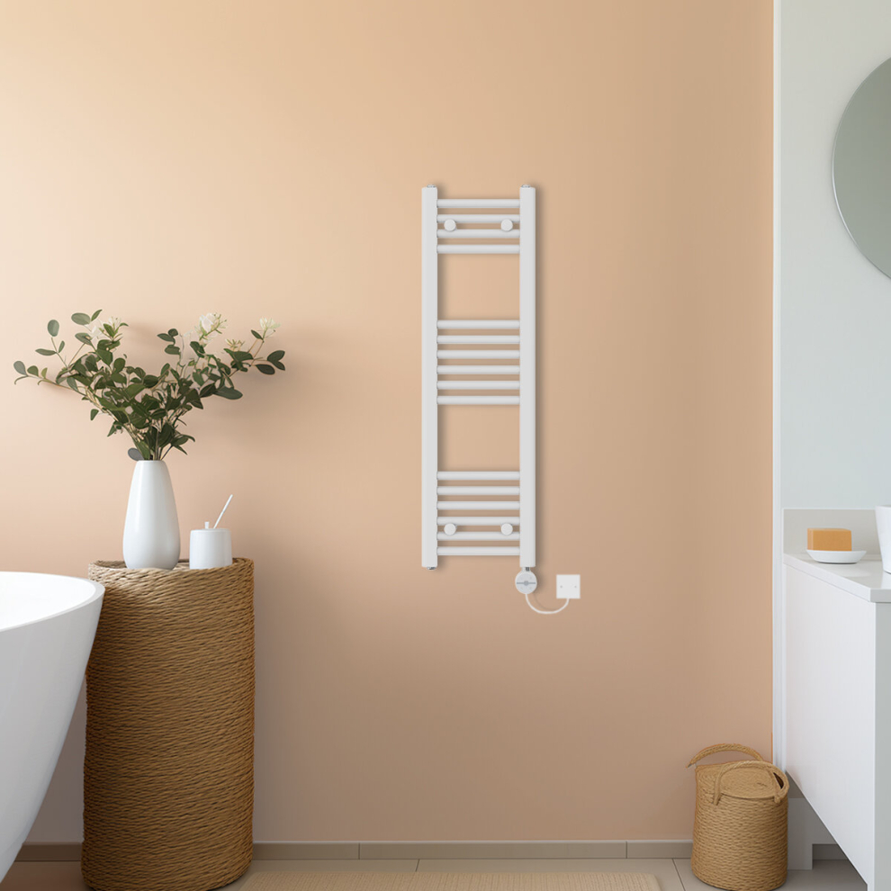 (White, 1000x300mm) NRG Prefilled Thermostatic Electric Straight Heated Towel Rail Radiator