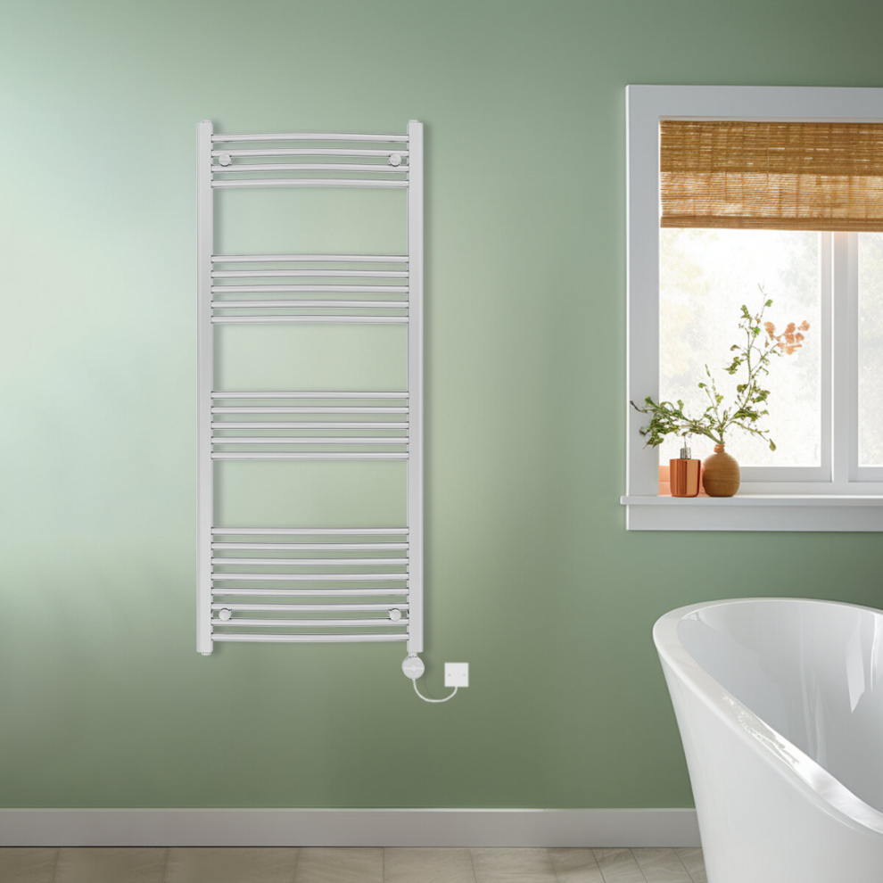 (Chrome, 1400x600mm) NRG Prefilled Thermostatic Electric Curved Heated Towel Rail Radiator