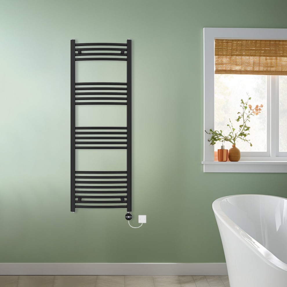 (Black, 1400x500mm) NRG Prefilled Thermostatic Electric Curved Heated Towel Rail Radiator