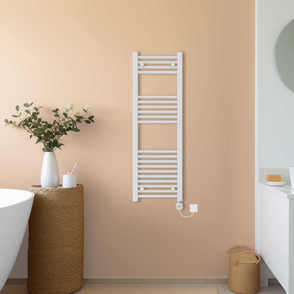 (White, 1200x400mm) NRG Prefilled Thermostatic Electric Straight Heated Towel Rail Radiator