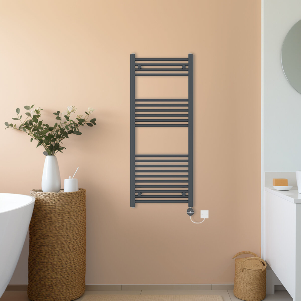 (Anthracite, 1200x500mm) NRG Prefilled Thermostatic Electric Straight Heated Towel Rail Radiator