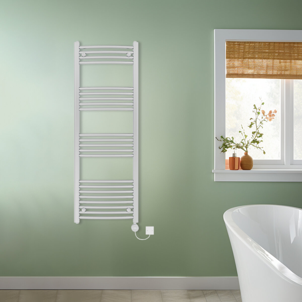 (Chrome, 1400x500mm) NRG Prefilled Thermostatic Electric Curved Heated Towel Rail Radiator