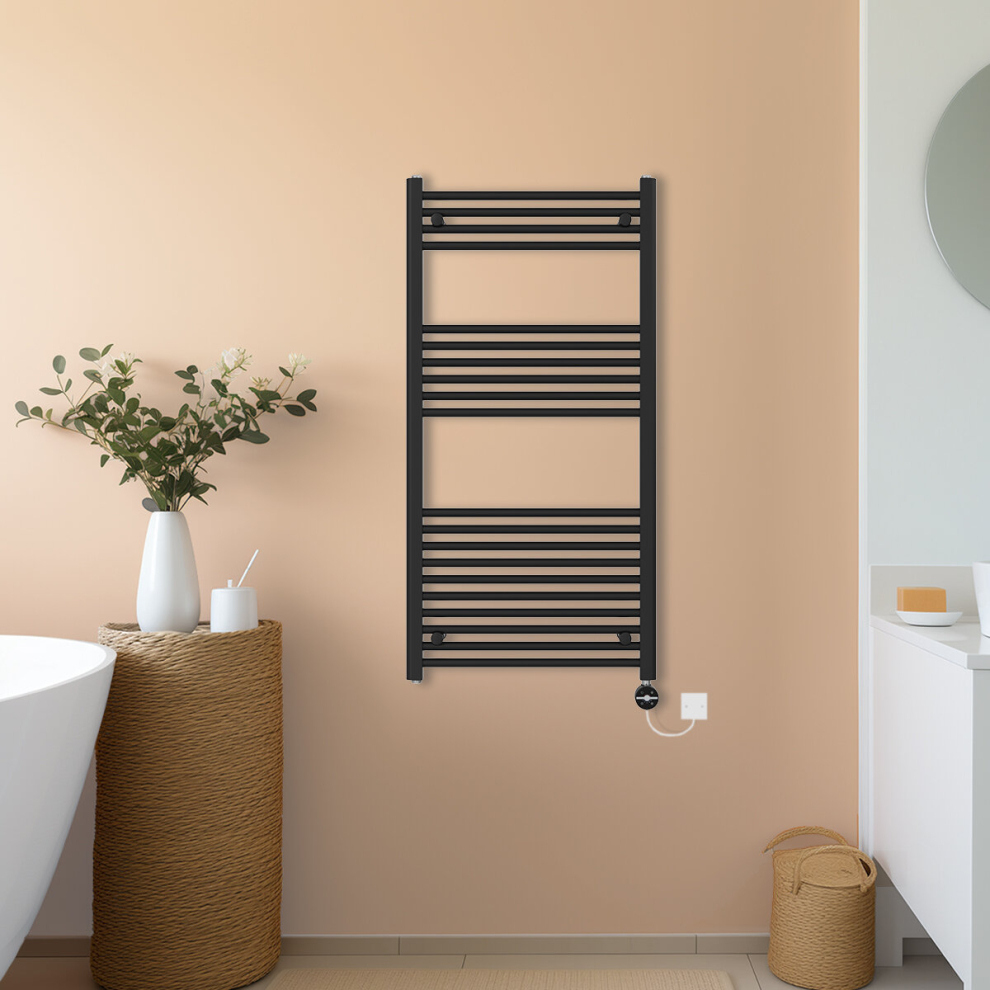 (Black, 1200x600mm) NRG Prefilled Thermostatic Electric Straight Heated Towel Rail Radiator