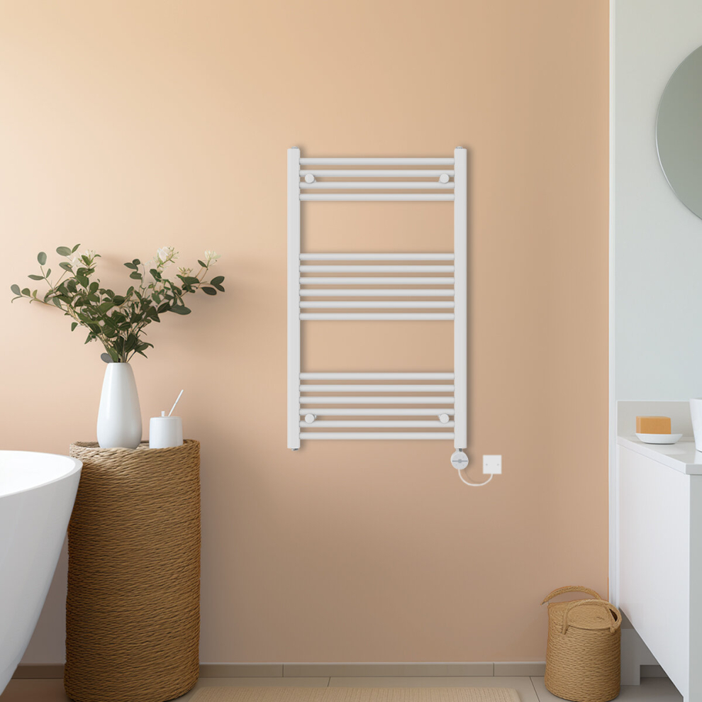 (White, 1000x600mm) NRG Prefilled Thermostatic Electric Straight Heated Towel Rail Radiator