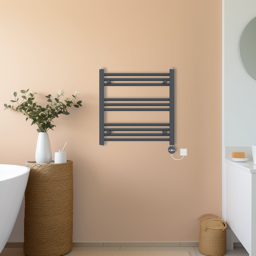 (Anthracite, 600x600mm) NRG Prefilled Thermostatic Electric Straight Heated Towel Rail Radiator