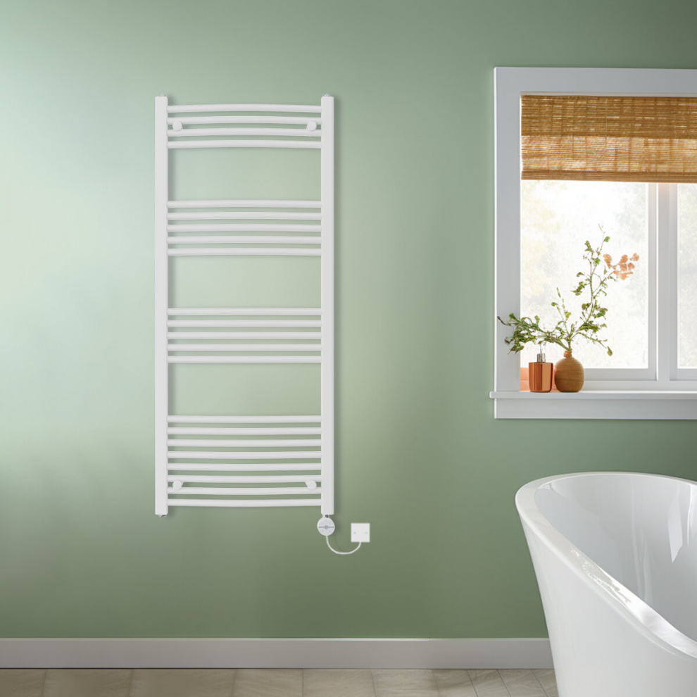 (White, 1400x600mm) NRG Prefilled Thermostatic Electric Curved Heated Towel Rail Radiator