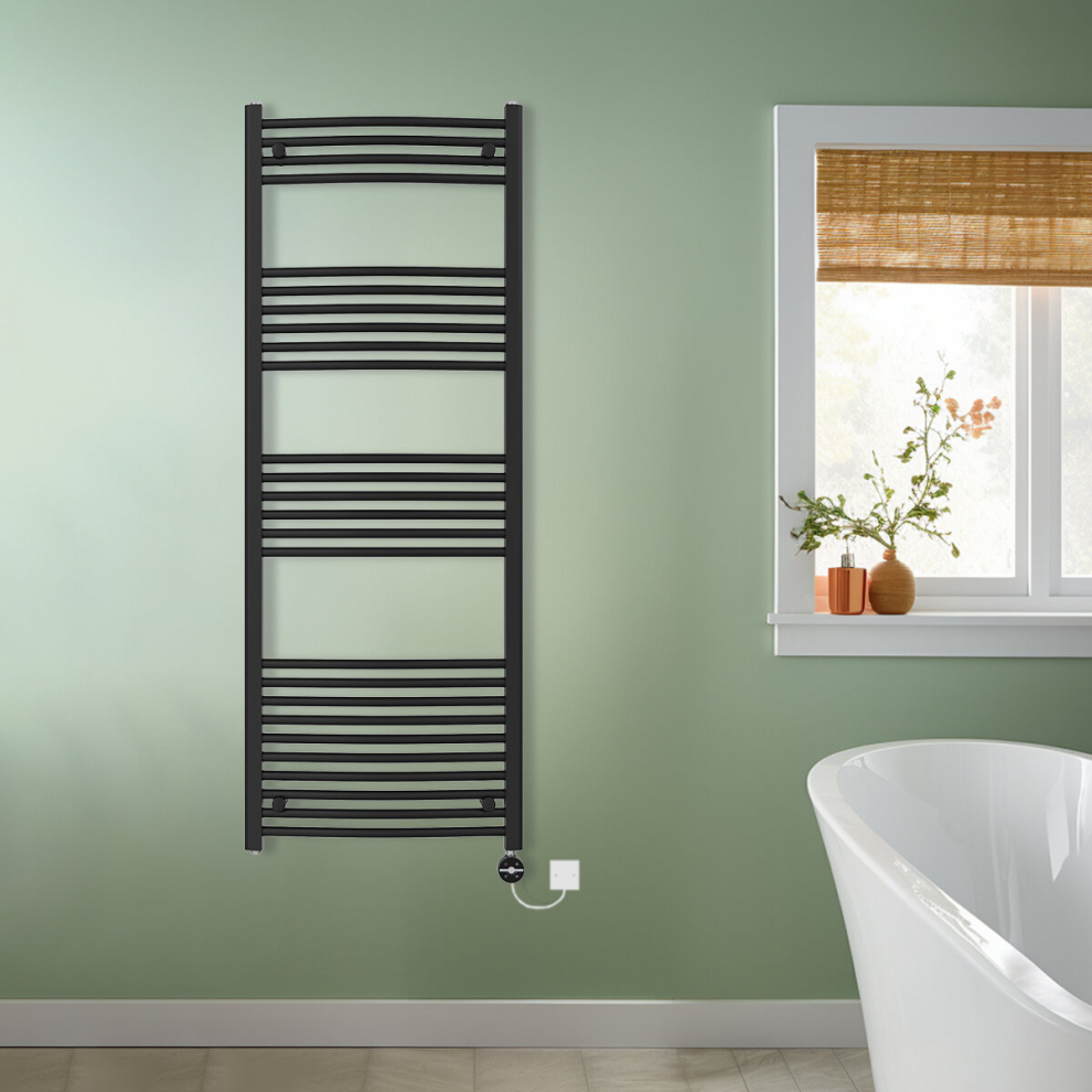 (Black, 1600x600mm) NRG Prefilled Thermostatic Electric Curved Heated Towel Rail Radiator