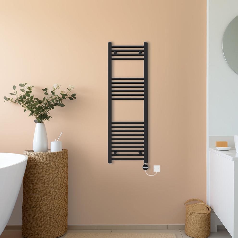 (Black, 1200x400mm) NRG Prefilled Thermostatic Electric Straight Heated Towel Rail Radiator