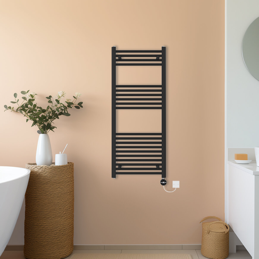 (Black, 1200x500mm) NRG Prefilled Thermostatic Electric Straight Heated Towel Rail Radiator