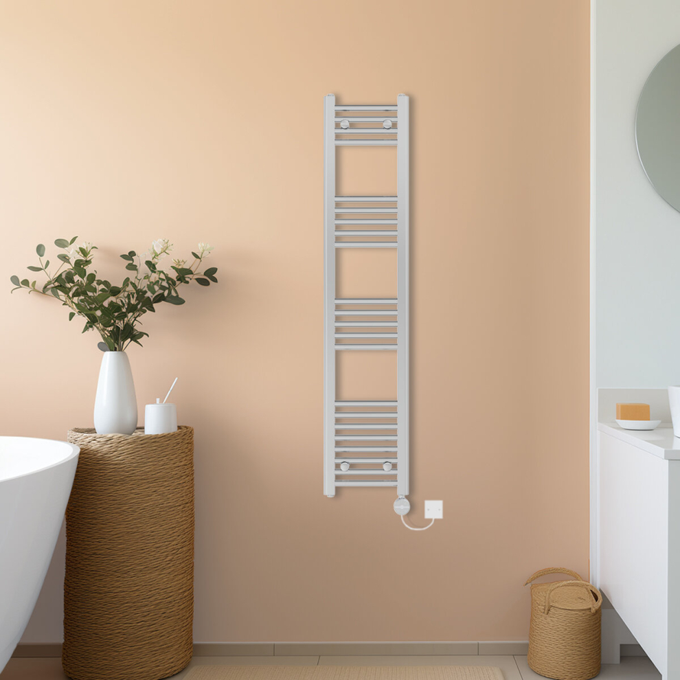 (Chrome, 1400x300mm) NRG Prefilled Thermostatic Electric Straight Heated Towel Rail Radiator