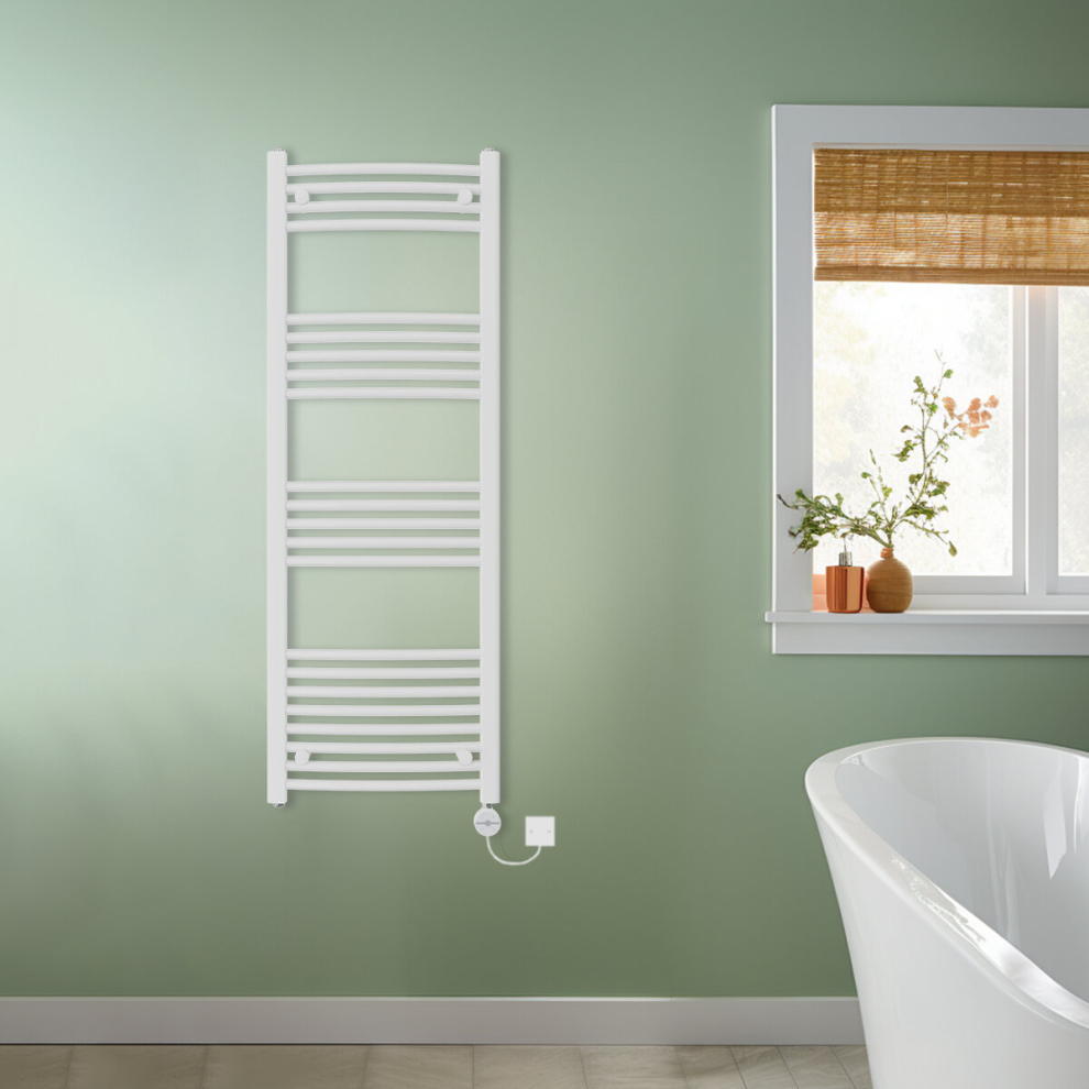 (White, 1400x500mm) NRG Prefilled Thermostatic Electric Curved Heated Towel Rail Radiator