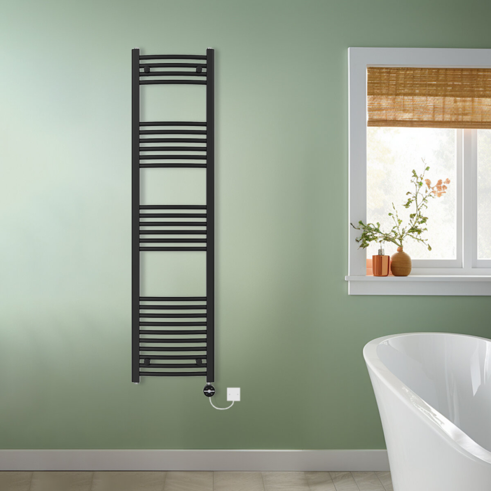 (Black, 1600x400mm) NRG Prefilled Thermostatic Electric Curved Heated Towel Rail Radiator
