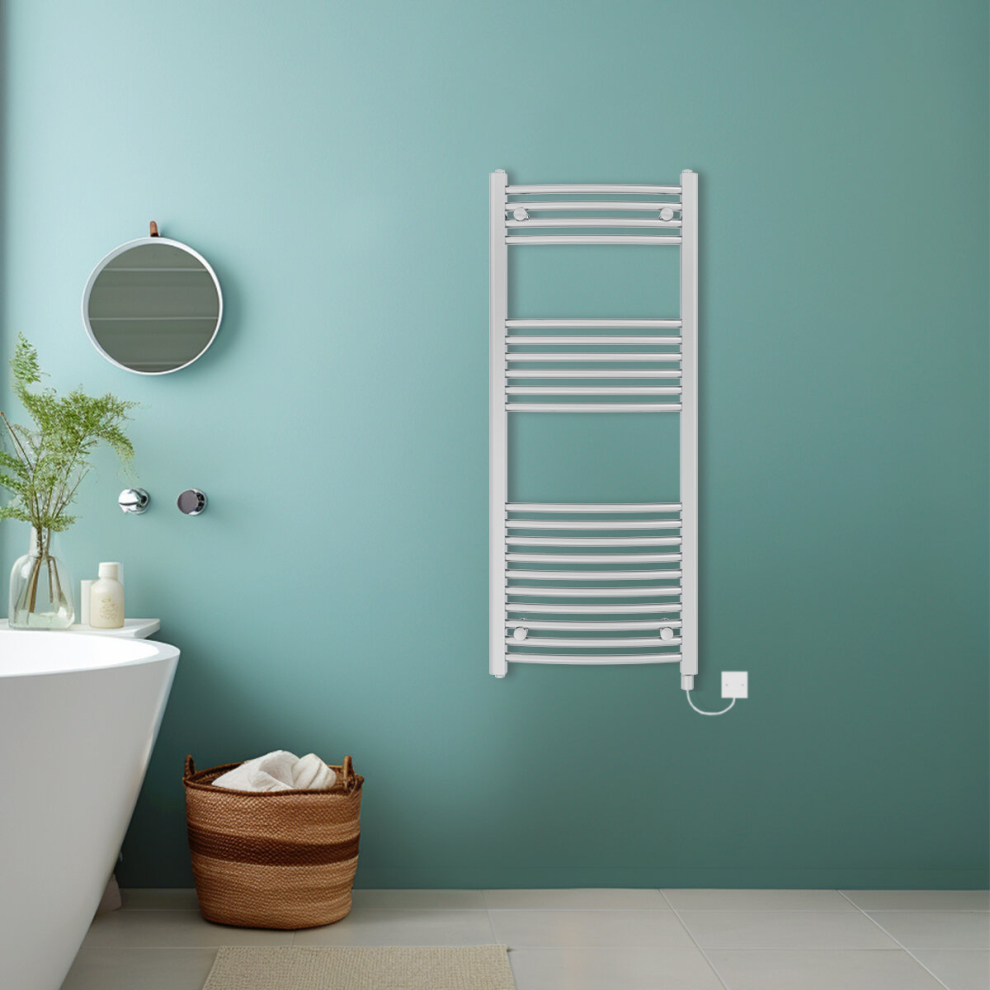 (Chrome, 1200x500mm) Bathroom Curved Prefilled Electric Heated Towel Rail Ladder Warmer Radiator