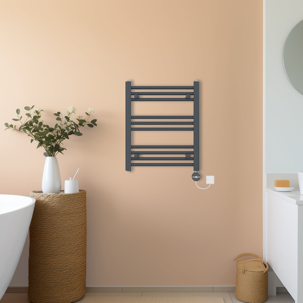 (Anthracite, 600x500mm) NRG Prefilled Thermostatic Electric Straight Heated Towel Rail Radiator