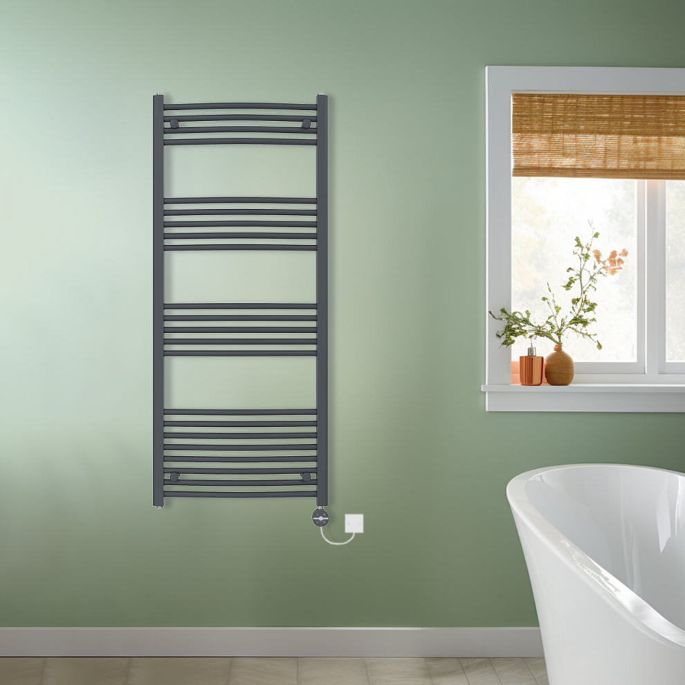 (Anthracite, 1400x600mm) NRG Prefilled Thermostatic Electric Curved Heated Towel Rail Radiator