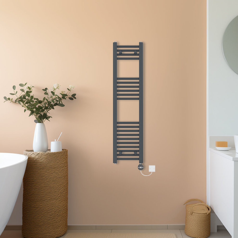 (Anthracite, 1200x300mm) NRG Prefilled Thermostatic Electric Straight Heated Towel Rail Radiator