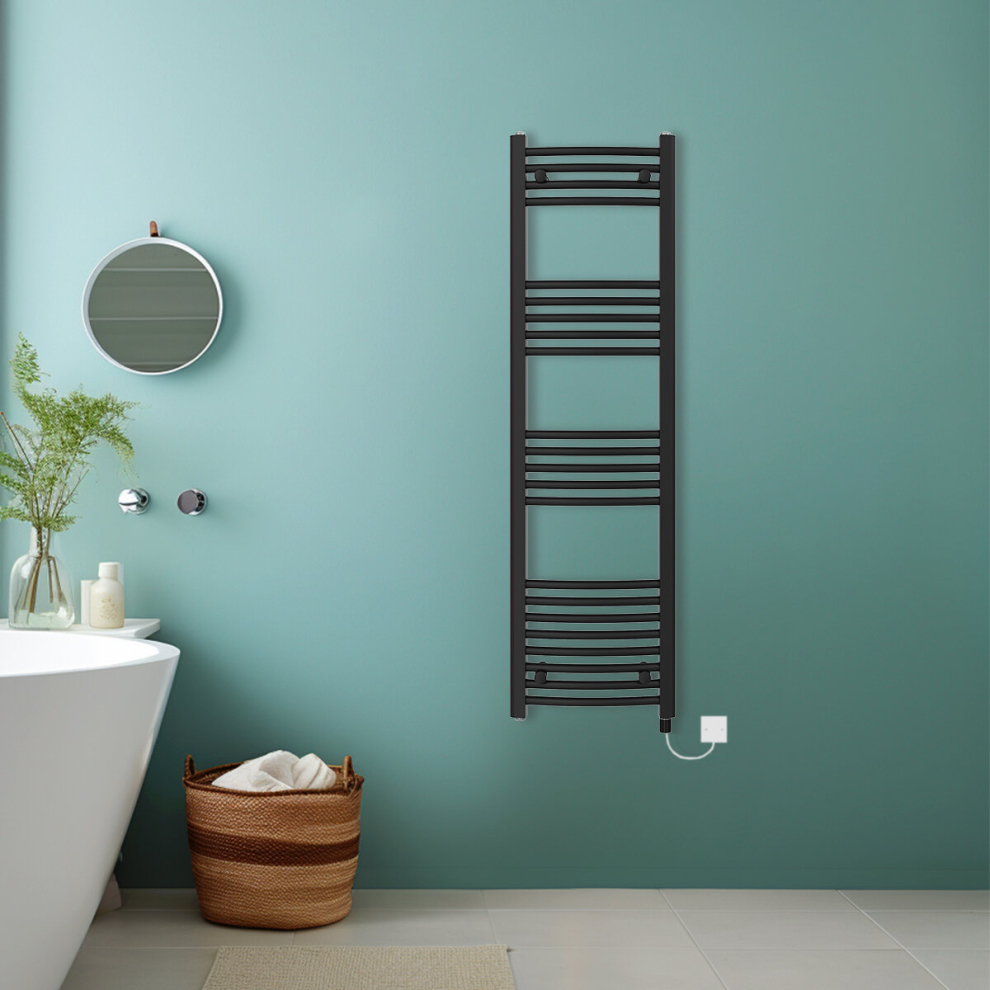 (Black, 1400x400mm) Bathroom Curved Prefilled Electric Heated Towel Rail Ladder Warmer Radiator