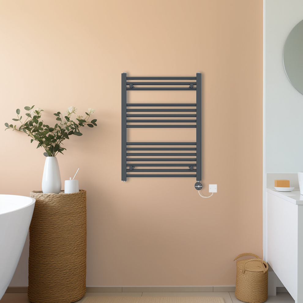 (Anthracite, 800x600mm) NRG Prefilled Thermostatic Electric Straight Heated Towel Rail Radiator