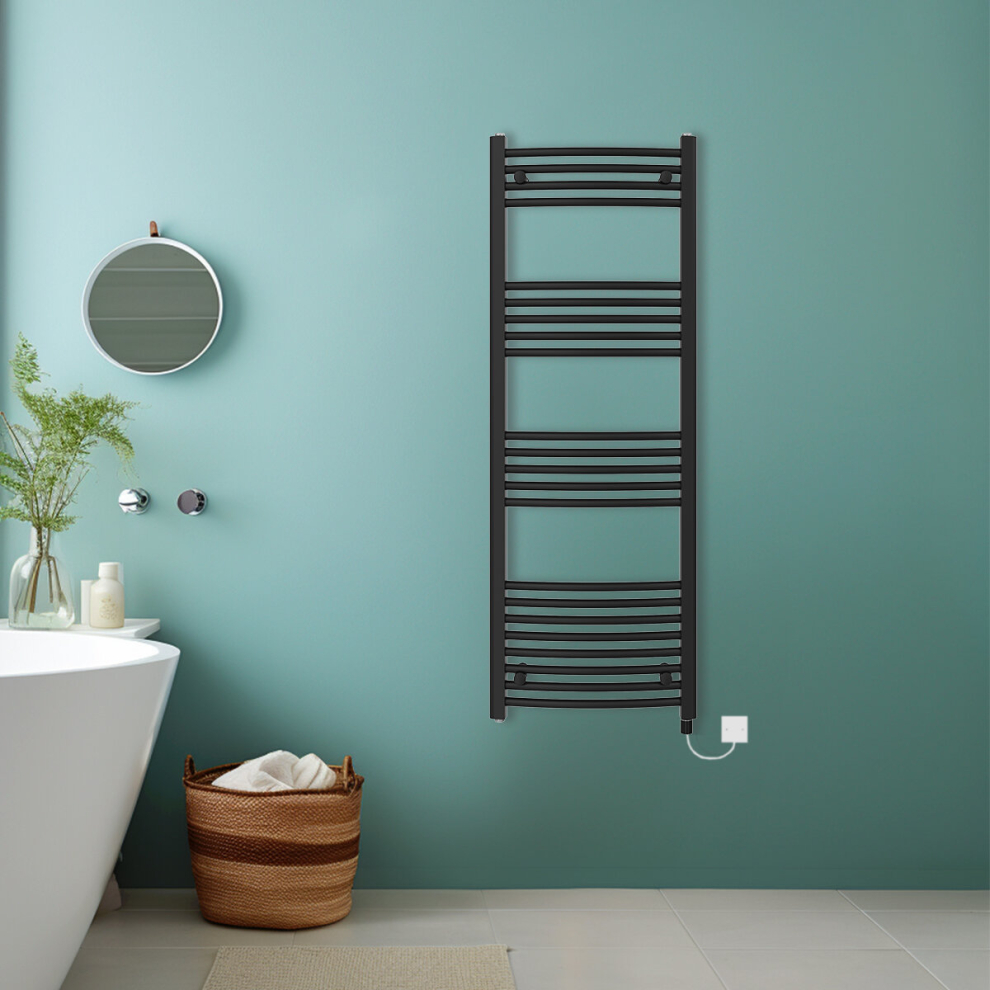 (Black, 1400x500mm) Bathroom Curved Prefilled Electric Heated Towel Rail Ladder Warmer Radiator